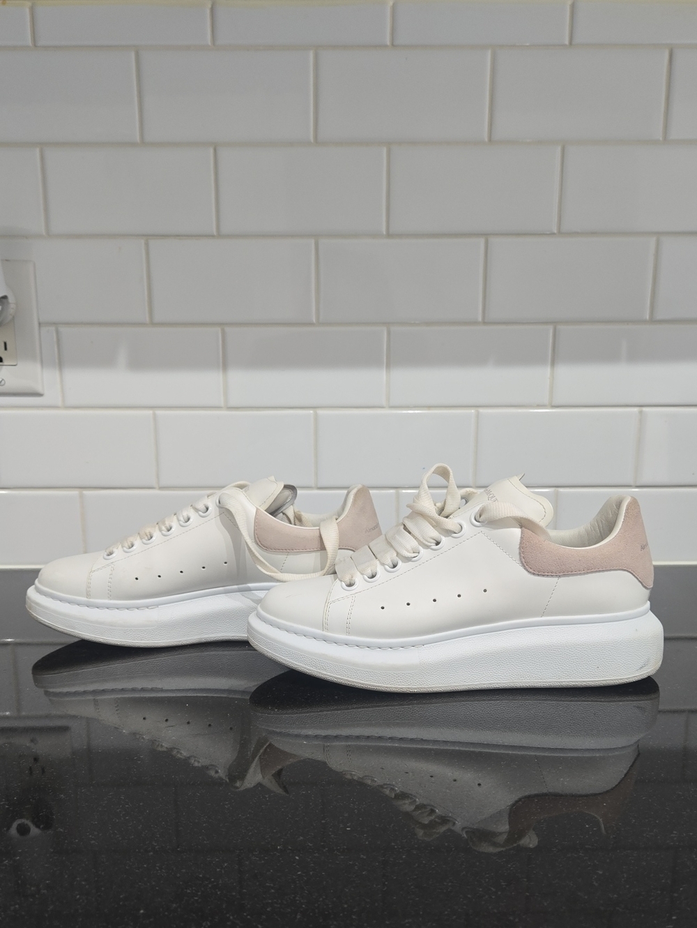 Alexander McQueen White Leather Sneakers with Blush Heel